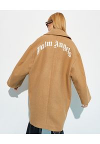 PALM ANGELS - Beżowy płaszcz oversize z logo. Kolor: beżowy. Materiał: wełna. Długość: długie #6