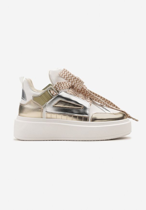 Renee - Biało-Złote Sneakersy Na Niskiej Platformie z Szerokimi Sznurówkami we Wzorek Vidira. Nosek buta: okrągły. Zapięcie: sznurówki. Kolor: biały. Obcas: na platformie. Wysokość obcasa: niski