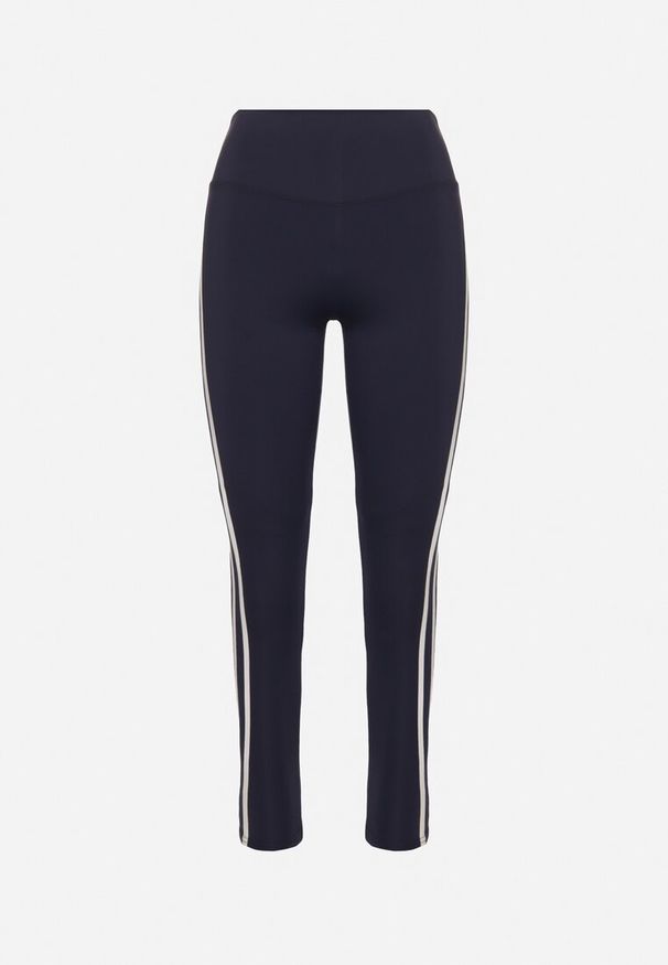 Born2be - Granatowe Elastyczne Legginsy z Efektem Push-Up Ozdobione Lampasami Akeria. Okazja: na co dzień. Kolor: niebieski. Wzór: aplikacja. Styl: sportowy, casual