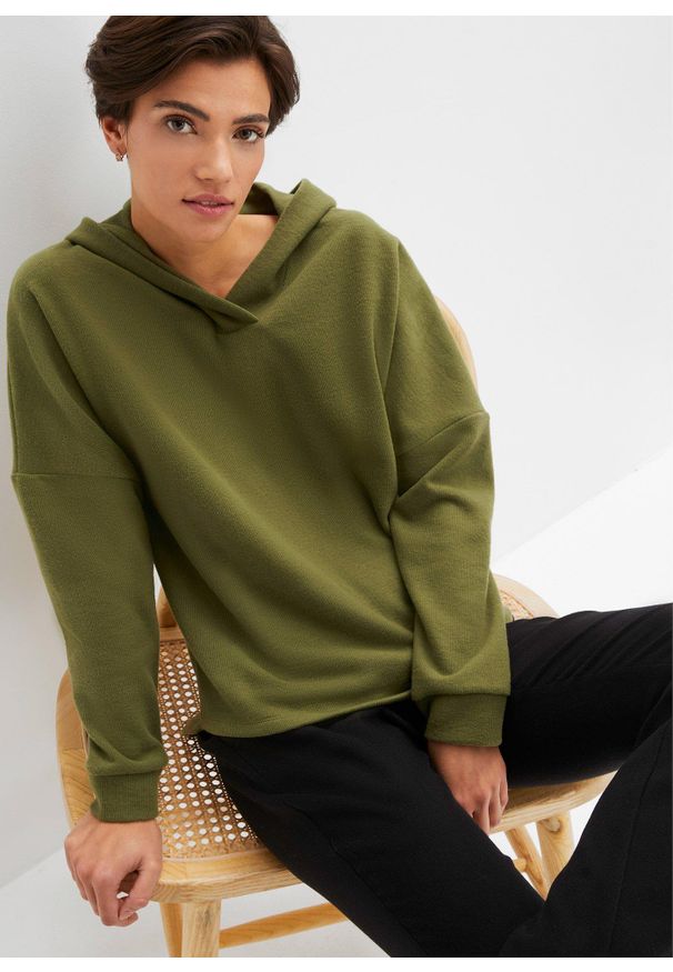 bonprix - Bluza z materiału w optyce dzianiny. Typ kołnierza: dekolt w serek, kaptur. Kolor: zielony. Materiał: dzianina, materiał