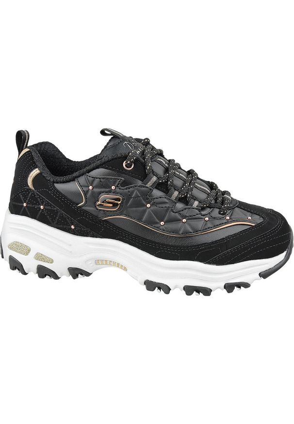 skechers - Buty sportowe Sneakersy damskie, D'Lites. Zapięcie: sznurówki. Kolor: czarny. Materiał: materiał, skóra, tkanina. Szerokość cholewki: normalna. Sport: turystyka piesza