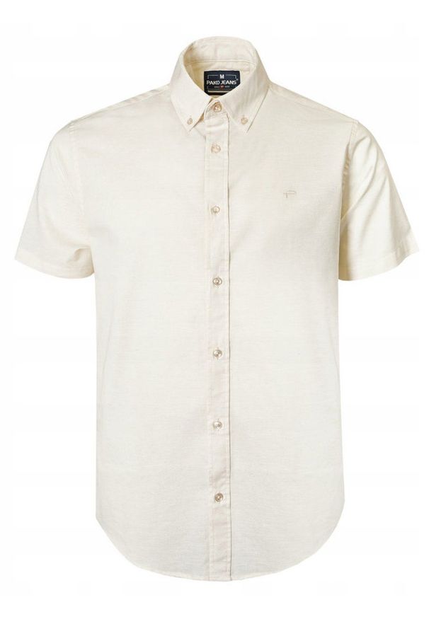 Lniano-Bawełniana Koszula Męska - Pako Jeans - Kolor Kości Słoniowej. Okazja: na co dzień. Typ kołnierza: button down. Kolor: beżowy, wielokolorowy, brązowy. Materiał: bawełna, len. Styl: casual
