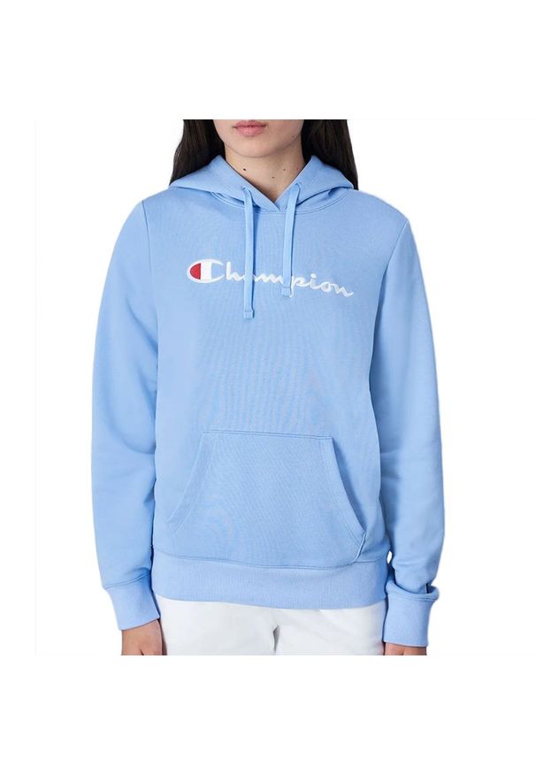 Bluza Champion Embroidered Big Script Logo Hoodie 117111-BS083 - niebieska. Okazja: na co dzień. Typ kołnierza: kaptur. Kolor: niebieski. Materiał: materiał, bawełna, poliester. Wzór: aplikacja. Styl: casual, klasyczny