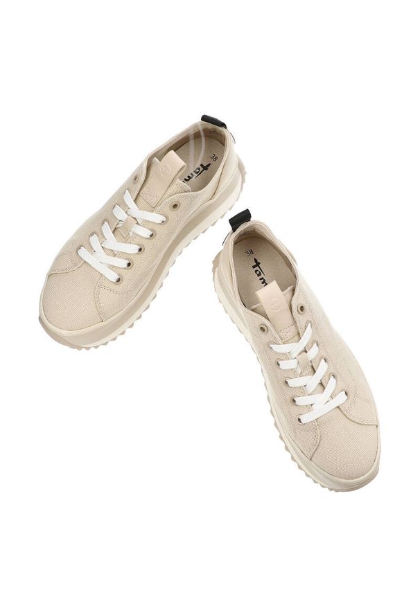 Beżowe Sneakersy Tamaris Damskie Buty Na Platformie. Zapięcie: sznurówki. Kolor: beżowy. Materiał: materiał. Wzór: aplikacja. Obcas: na platformie. Sport: turystyka piesza