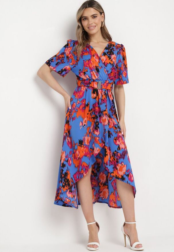 Born2be - Niebiesko-Pomarańczowa Sukienka z Kopertowym Dekoltem i Asymetrycznym Dołem z Gumką w Talii Coralen. Okazja: na co dzień. Kolor: niebieski. Typ sukienki: asymetryczne, kopertowe. Styl: casual, elegancki