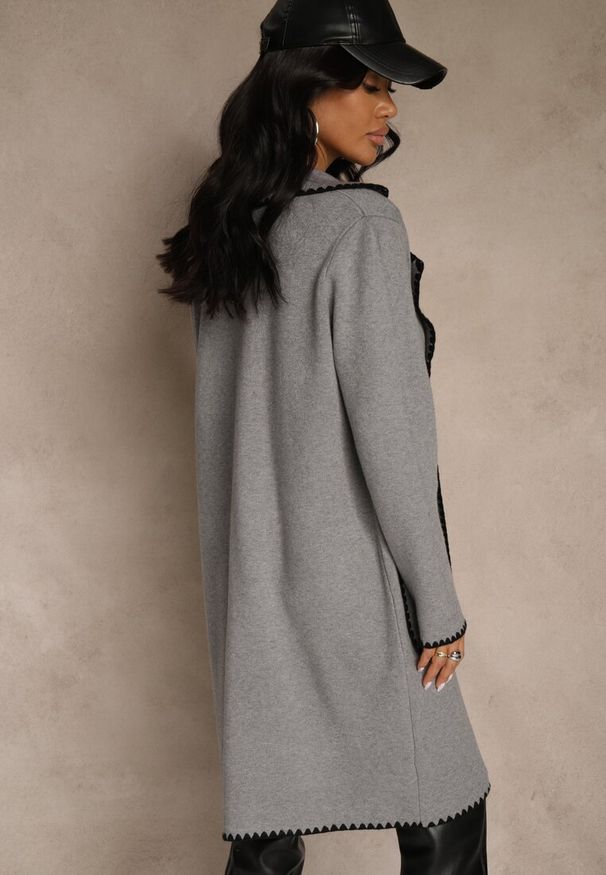 Renee - Szary Kardigan z Haftowaną Lamówką Tuscele. Okazja: na co dzień. Kolor: szary. Materiał: jeans. Wzór: haft. Styl: casual, elegancki