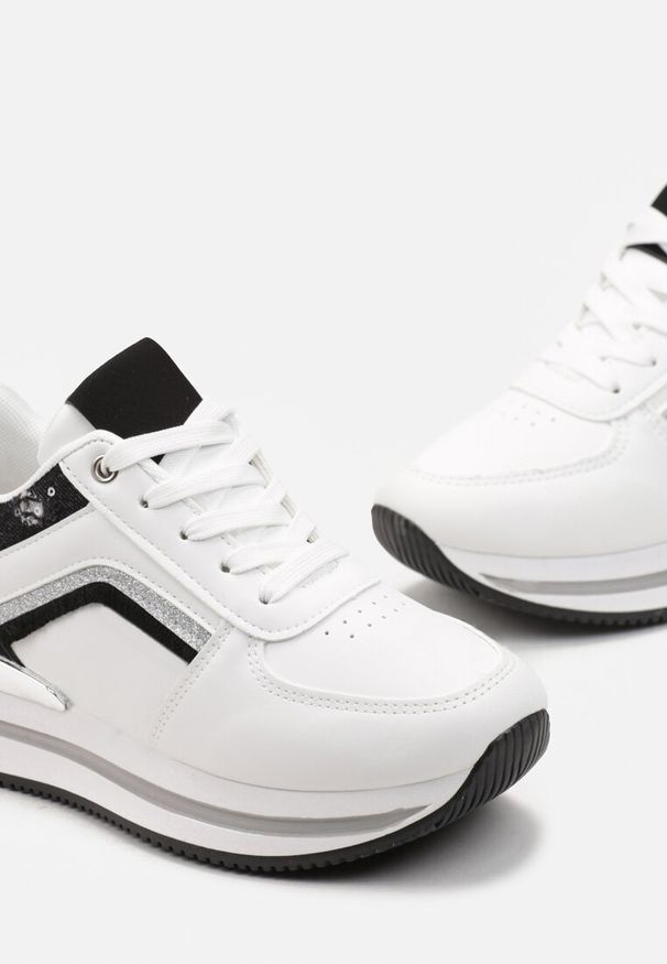 Born2be - Biało-Czarne Sznurowane Sneakersy na Płaskiej Podeszwie Zdobione Brokatem Gerine. Kolor: biały. Materiał: materiał. Wzór: aplikacja. Obcas: na płaskiej podeszwie