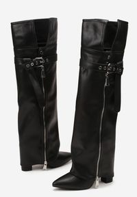 Born2be - Czarne Kozaki Typu Kowbojki na Obcasie z Wywiniętą Cholewką i Suwakiem Fiovra. Okazja: na co dzień. Kolor: czarny. Materiał: jeans, skóra. Szerokość cholewki: normalna. Obcas: na obcasie. Styl: casual, elegancki. Wysokość obcasa: średni #7