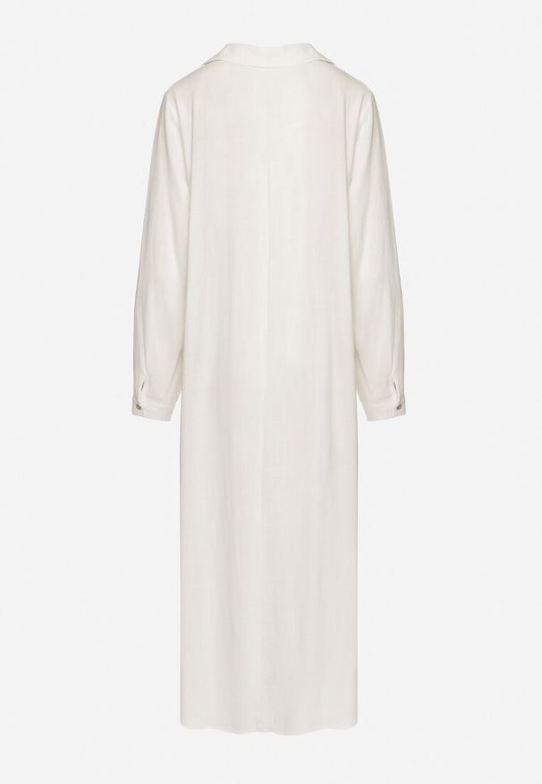 Born2be - Biała Koszulowa Sukienka z Lnem i Wiskozą z Regulowanymi Rękawami Melvezia. Okazja: na co dzień. Kolor: biały. Materiał: wiskoza, len. Typ sukienki: koszulowe. Styl: casual