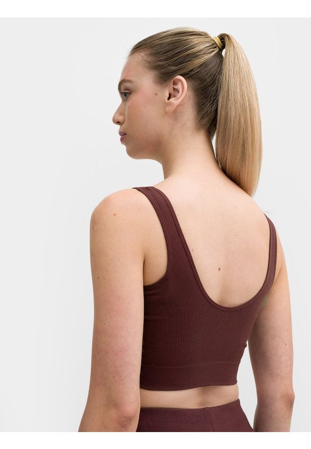 4f - 4F Crop-top z prążkowanej dzianiny damski L/XL. Kolor: brązowy. Materiał: dzianina, prążkowany. Długość: krótkie