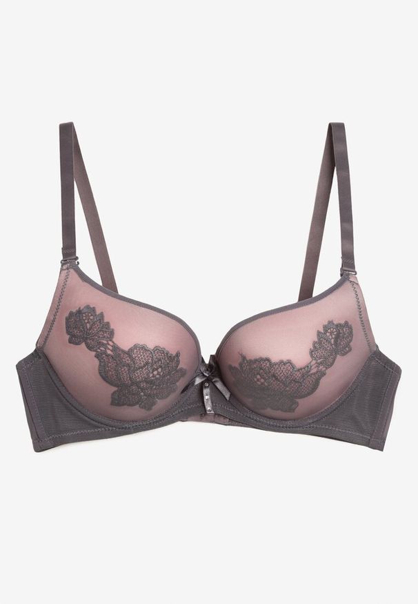 Born2be - Szaro-Różowy Biustonosz o Fasonie Push Up z Ozdobną Kokardką i Różami Nivrine. Kolor: szary. Rodzaj stanika: push-up. Wzór: kwiaty