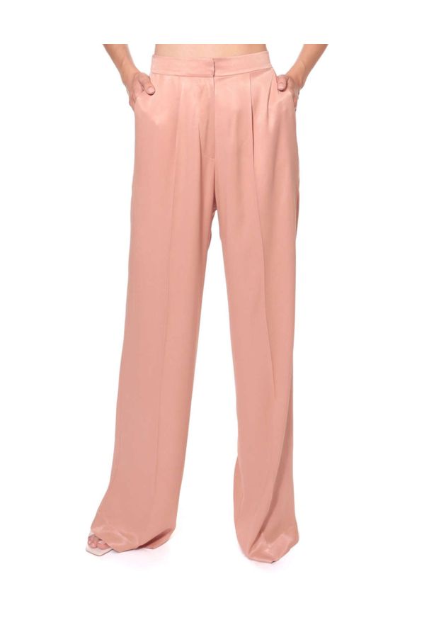 AGGI - Pudrowe spodnie Jessie. Stan: podwyższony. Kolor: różowy, wielokolorowy, fioletowy. Materiał: jedwab, tkanina