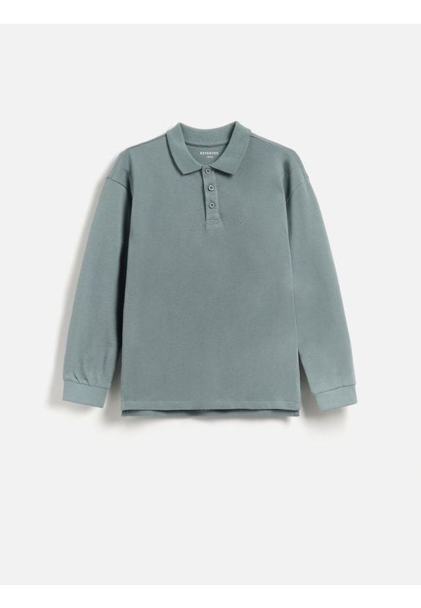 Reserved - Bawełniany longsleeve polo - morski. Typ kołnierza: polo. Kolor: morski. Materiał: bawełna. Długość rękawa: długi rękaw