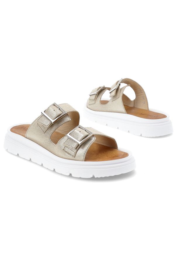 Złote Klapki Wasak Wygodne Obuwie Damskie. Okazja: na spacer, na co dzień. Kolor: złoty. Materiał: skóra. Sezon: lato. Styl: casual, wakacyjny