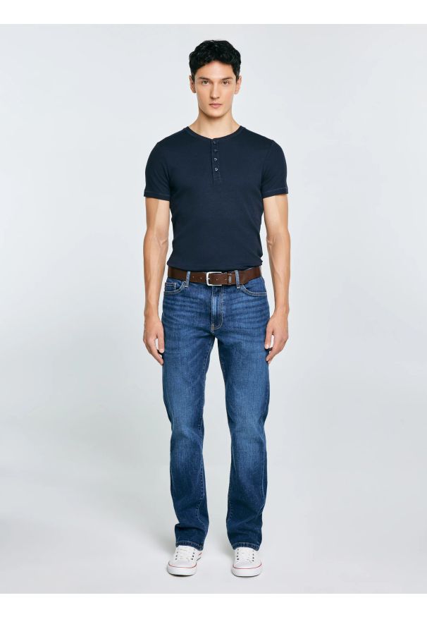 Big-Star - Koszulka męska z prążkowanej dzianiny granatowa Basicag 403. Kolor: niebieski. Materiał: prążkowany, dzianina. Wzór: gładki