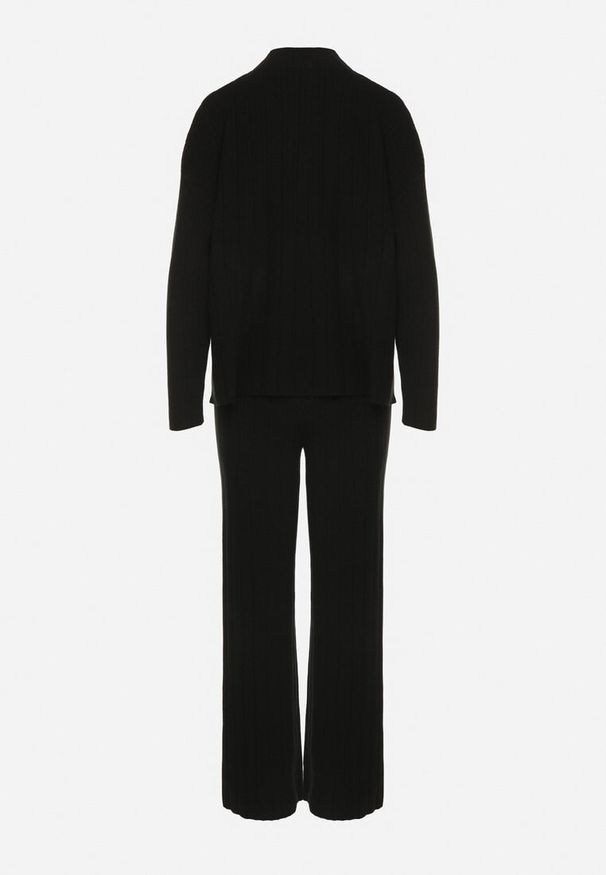Born2be - Czarny Sweterkowy Komplet Sweter z Półgolfem i Szerokie Spodnie Alatusa. Kolor: czarny. Materiał: jeans