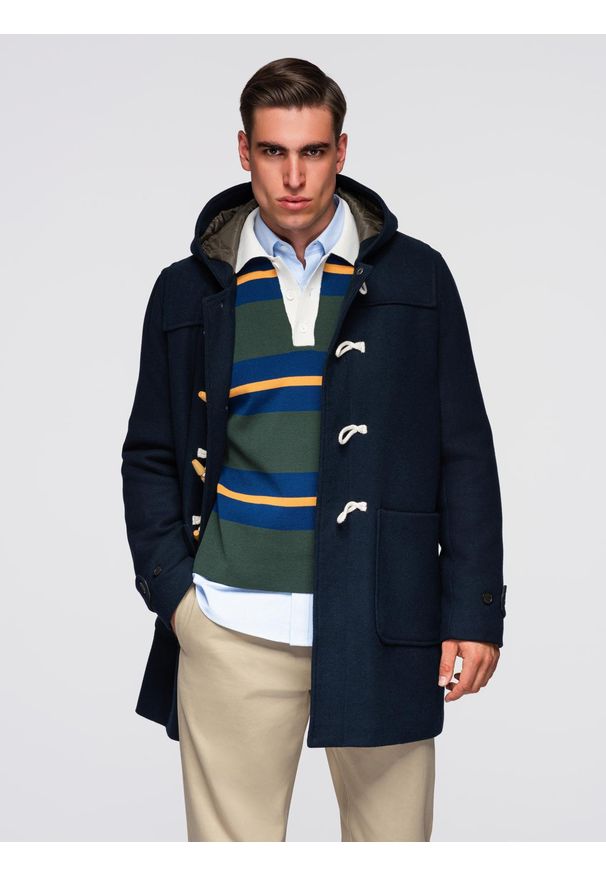 Ombre Clothing - Męski płaszcz z wełną i kapturem duffle coat – granatowy V2 - Rozmiar: XXL. Okazja: na co dzień. Kolor: niebieski. Materiał: wełna. Sezon: jesień. Styl: elegancki, klasyczny, casual