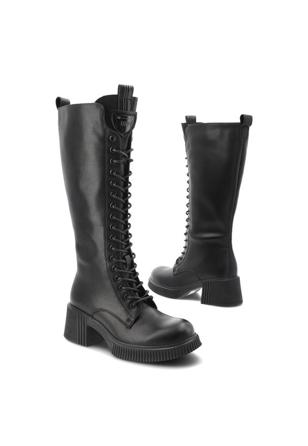 Czarne Kozaki Vinceza Eleganckie Obuwie Damskie Na Obcasie. Okazja: na co dzień. Zapięcie: sznurówki. Kolor: czarny. Szerokość cholewki: normalna. Wzór: moro. Wysokość cholewki: przed kolano. Materiał: skóra. Sezon: zima, jesień. Obcas: na obcasie. Styl: elegancki. Wysokość obcasa: średni