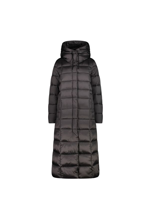 Damska długa kurtka z kapturem CMP. Typ kołnierza: kaptur. Kolor: szary. Materiał: puch. Długość: długie. Sport: turystyka piesza