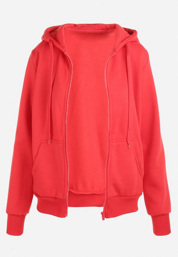 Born2be - Czerwona Bluza z Kapturem Zapinana na Suwak Bran. Okazja: na co dzień, na spacer. Typ kołnierza: kaptur. Kolor: czerwony. Materiał: polar, jeans, materiał. Długość rękawa: długi rękaw. Długość: długie. Styl: casual, elegancki