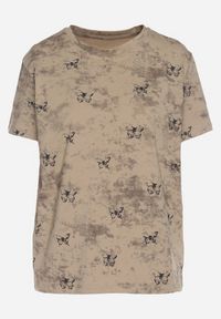 Born2be - Ciemnobeżowy T-shirt Bawełniany w Print w Motylki Tenorea. Kolor: beżowy. Materiał: bawełna. Wzór: nadruk. Styl: klasyczny #3