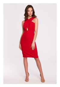 Makover - K130 Sukienka ze skrzyżowaną górą - czerwona. Kolor: czerwony. Materiał: tkanina. Wzór: aplikacja. Typ sukienki: ołówkowe. Styl: elegancki