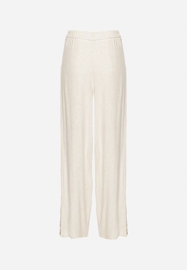 Born2be - Biało-Beżowe Szerokie Spodnie z Lnem Wiskozą Wysokim Stanem i Haftami Ilonira. Okazja: na co dzień. Stan: podwyższony. Kolor: biały. Materiał: wiskoza, len. Wzór: haft. Styl: elegancki, casual