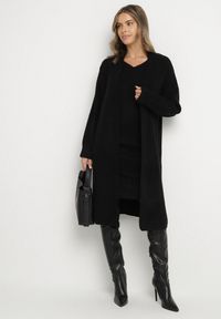 Born2be - Czarny Komplet Dzianinowy z Wełną Długi Kardigan i Sukienka w Prążki Falandrea. Kolor: czarny. Materiał: wełna, dzianina. Wzór: prążki #7