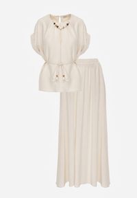 Born2be - Beżowy Komplet Boho z Lnem i Wiskozą Spódnica i Nietoperzowa Bluzka Fysernara. Kolor: beżowy. Materiał: wiskoza, len #8