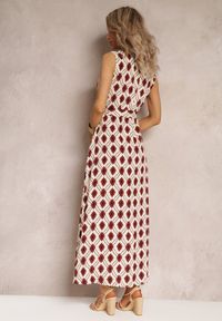 Renee - Bordowa Koszulowa Sukienka z Wiązanym Paskiem w Geometryczny Print Pandine. Kolor: czerwony. Materiał: materiał. Wzór: nadruk, geometria. Typ sukienki: koszulowe #2