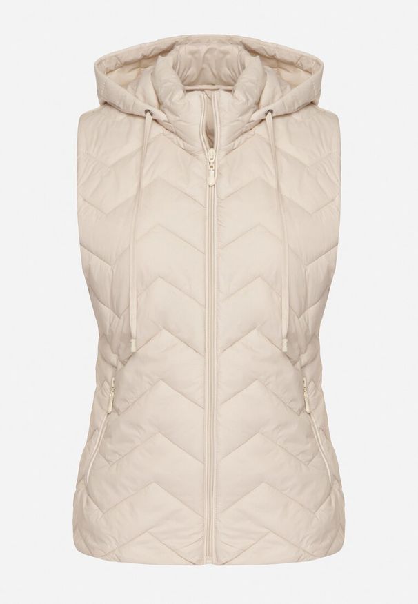 Born2be - Ciemnobeżowa Kamizelka Pikowana z Odpinanym Kapturem Ariluna. Okazja: na co dzień. Kolor: beżowy. Materiał: jeans. Styl: sportowy, elegancki, casual