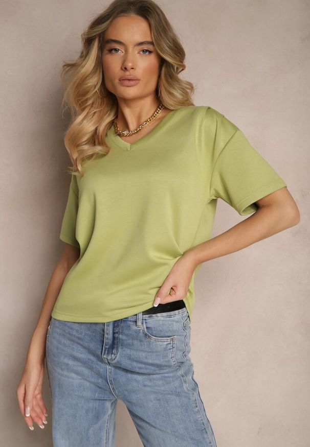 Renee - Zielony T-shirt z Dekoltem w Serek Fonellea. Okazja: na co dzień. Typ kołnierza: dekolt w serek. Kolor: zielony. Materiał: jeans. Styl: casual