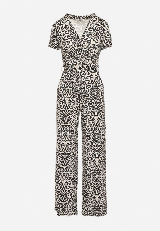 Born2be - Czarno-Biały Kombinezon o Taliowanym Kroju z Paskiem w Talii i Szerokimi Nogawkami Quinea. Okazja: na co dzień. Kolor: czarny. Materiał: tkanina, skóra. Wzór: aplikacja. Sezon: wiosna, lato. Styl: casual, elegancki