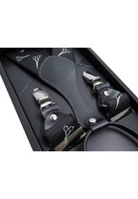 Modini - Czarne szelki męskie w białe nożyczki i nici SZ118. Kolor: wielokolorowy, czarny, biały. Materiał: skóra, guma #1