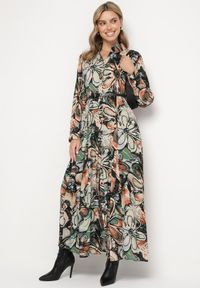 Born2be - Czarno-Beżowa Koszulowa Kwiatowa Sukienka z Wiskozy Ozdobiona Guzikami Enanoris. Okazja: na co dzień. Kolor: czarny. Materiał: wiskoza. Długość rękawa: długi rękaw. Wzór: aplikacja, kwiaty. Typ sukienki: koszulowe. Styl: casual, elegancki #1