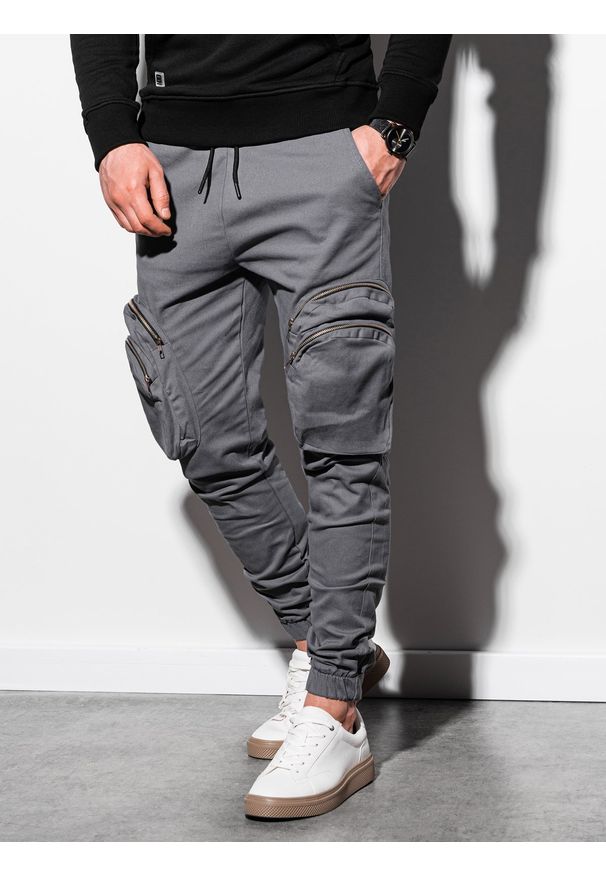 Ombre Clothing - Spodnie męskie joggery P996 - szare - L. Kolor: szary. Materiał: bawełna, elastan