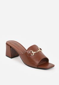 Born2be - Brązowe Eleganckie Klapki na Słupku z Odkrytym Noskiem i Metaliczną Aplikacją Anazia. Okazja: na co dzień. Kolor: brązowy. Materiał: jeans. Wzór: aplikacja. Sezon: lato. Obcas: na słupku. Styl: elegancki #8