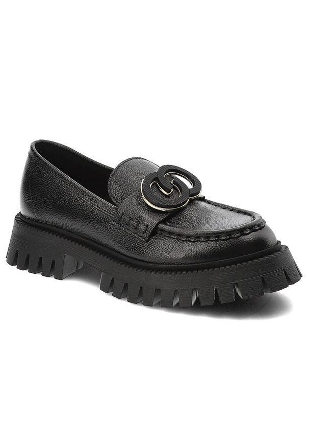CheBello - Czarne Mokasyny Chebello Modne Obuwie Damskie. Okazja: na co dzień. Kolor: czarny. Materiał: skóra, jeans. Wzór: aplikacja, grochy. Styl: klasyczny, elegancki, casual