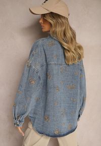Renee - Niebieska Koszulowa Kurtka Jeansowa z Bawełny w Hafty Merinorie. Okazja: na co dzień. Kolor: niebieski. Materiał: bawełna, jeans. Długość rękawa: długi rękaw. Długość: długie. Wzór: haft. Styl: casual #4