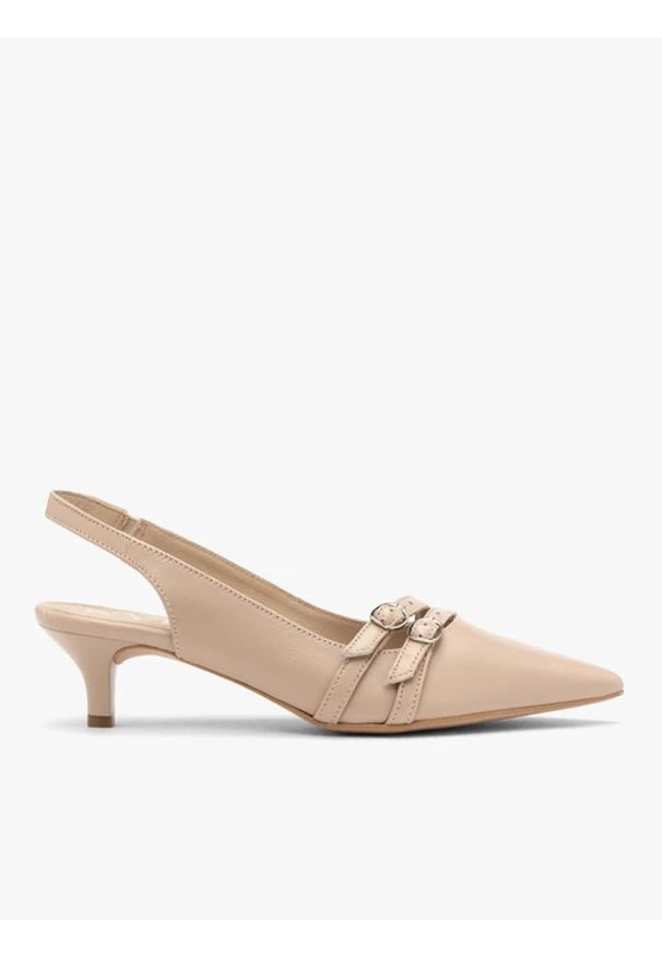 Ryłko - Beżowe czółenka slingback z ozdobnymi paskami. Zapięcie: pasek. Kolor: beżowy. Materiał: skóra. Szerokość cholewki: normalna. Obcas: na obcasie. Styl: street. Wysokość obcasa: średni