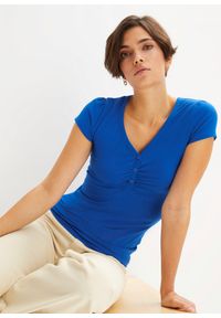bonprix - Shirt z plisą guzikową, z bawełny organicznej. Typ kołnierza: dekolt w serek. Kolor: niebieski. Materiał: bawełna