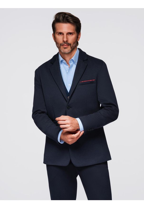 Ombre Clothing - Dzianinowa marynarka męska o dopasowanym kroju - granatowa V3 - Rozmiar: XL. Okazja: do pracy, na co dzień, na spotkanie biznesowe. Kolor: niebieski. Materiał: dzianina. Styl: elegancki, biznesowy, klasyczny, casual