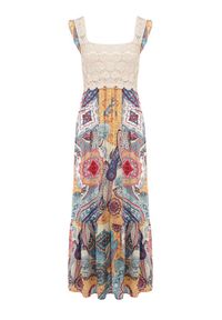 Born2be - Beżowo-Niebieska Sukienka Missey. Typ kołnierza: kołnierz z falbankami, dekolt kwadratowy. Kolor: niebieski. Materiał: wiskoza. Długość rękawa: na ramiączkach. Wzór: nadruk, haft, aplikacja. Sezon: lato. Długość: maxi #6