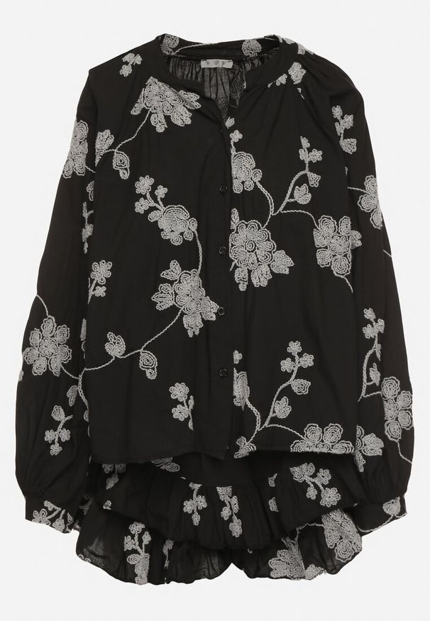 Born2be - Czarny Bawełniany Komplet Koszula z Szerokimi Rękawami i Spódnico-Spodenki Savrise. Kolor: czarny. Materiał: bawełna. Wzór: aplikacja