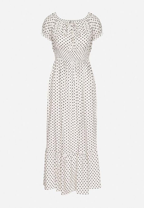 Born2be - Biała Sukienka z Bawełną w Kropki Ellisla. Okazja: na co dzień. Kolor: biały. Materiał: bawełna. Wzór: kropki. Styl: casual, elegancki