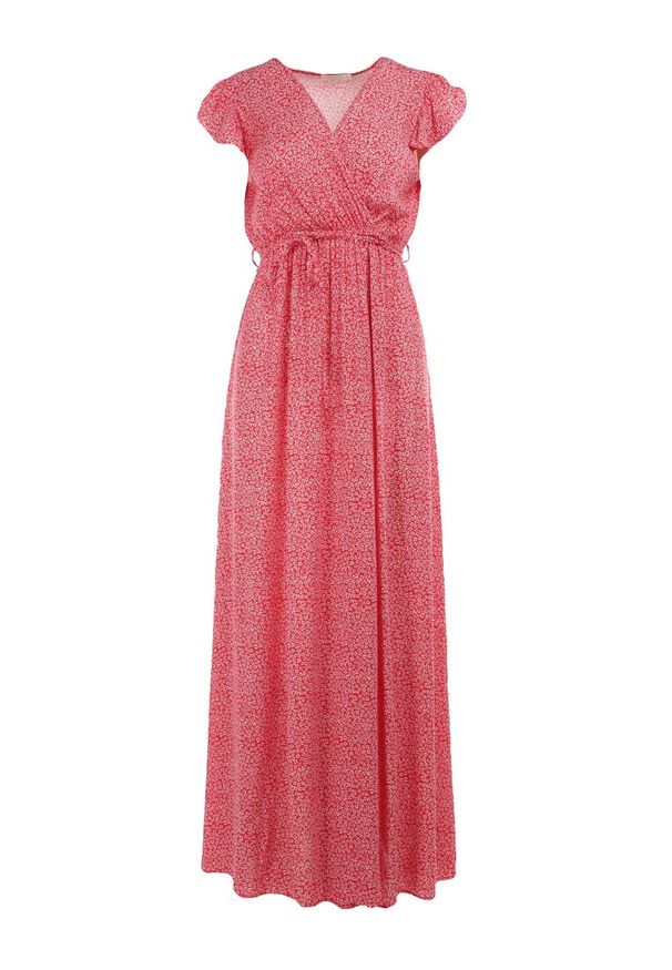 Born2be - Czerwona Sukienka Jophiel. Kolor: czerwony. Materiał: materiał. Wzór: nadruk, kwiaty. Typ sukienki: kopertowe. Długość: maxi