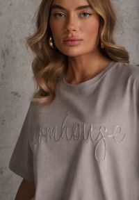 Renee - Szary Oversizowy T-shirt z Bawełny Zdobiony Haftem z Cekinami Marivia. Okazja: na co dzień. Kolor: szary. Materiał: bawełna. Wzór: haft, aplikacja. Styl: casual, elegancki #5
