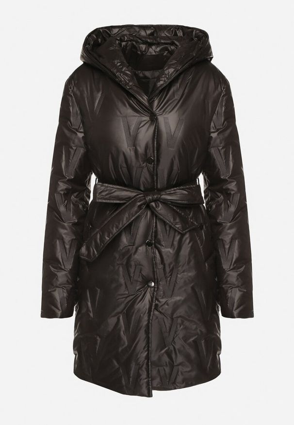 Born2be - Czarna Kurtka z Pikowanymi Przeszyciami Kapturem i Wiązanym Paskiem Erlexie. Okazja: na spotkanie biznesowe, na co dzień, do pracy, na spacer. Kolor: czarny. Materiał: dzianina, jeans. Styl: biznesowy, klasyczny, casual