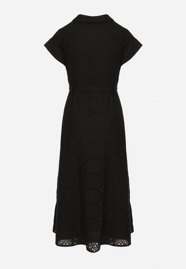 Born2be - Czarna Bawełniana Ażurowa Sukienka na Guziki o Koszulowym Kroju Wiązana Paskiem Grosofia. Okazja: na co dzień. Kolor: czarny. Materiał: bawełna. Wzór: ażurowy. Sezon: lato. Typ sukienki: koszulowe. Styl: casual, elegancki, klasyczny