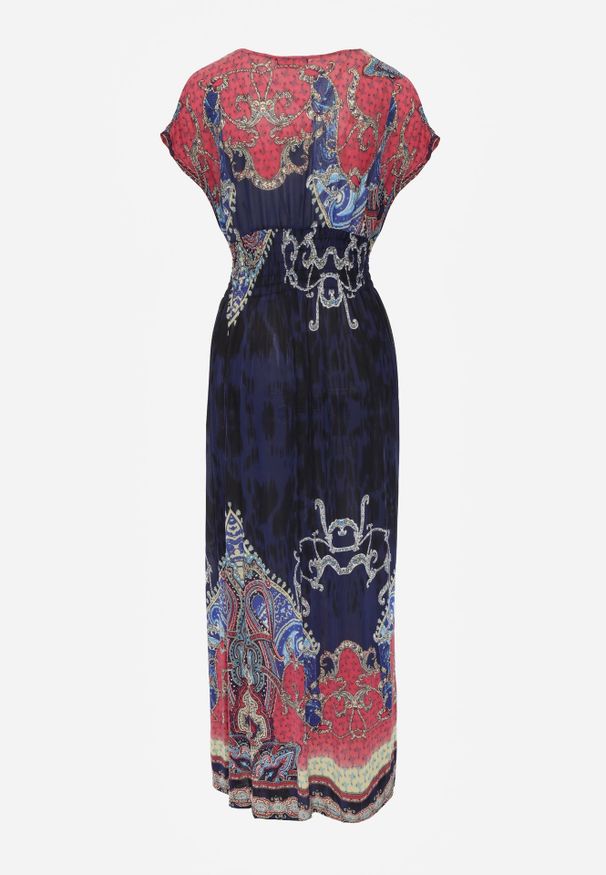 Renee - Granatowa Sukienka o Kopertowym Kroju w Ornamentalny Print Nalori. Okazja: na co dzień. Typ kołnierza: dekolt w serek. Kolor: niebieski. Wzór: nadruk. Typ sukienki: kopertowe. Materiał: materiał. Długość rękawa: krótki rękaw. Styl: boho, wakacyjny, casual. Długość: maxi